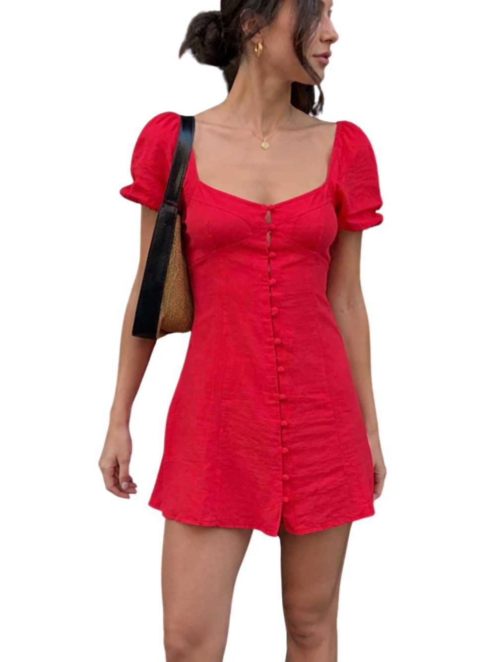 ZARA Red Puff Sleeve Button Front Mini Dress Size Small